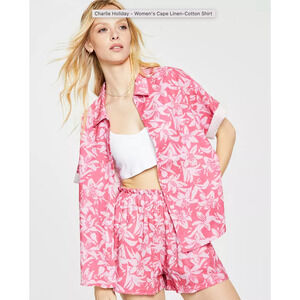 Charlie Holiday Hawaiian Summer Button Front Shirt Pink/ White Medium NWT